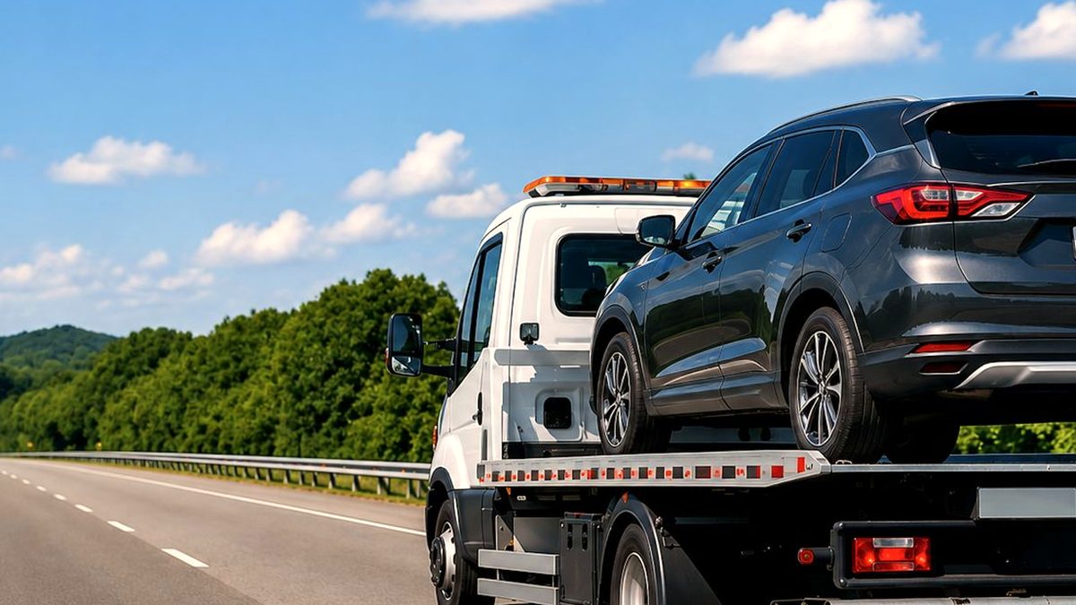 Flatbed tow truck hauling an SUV near Richmond, KY